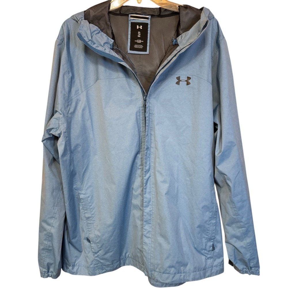 Under Armour Men Blue Hooded Windbreaker Jacket XL Lightweight Zip Athletic